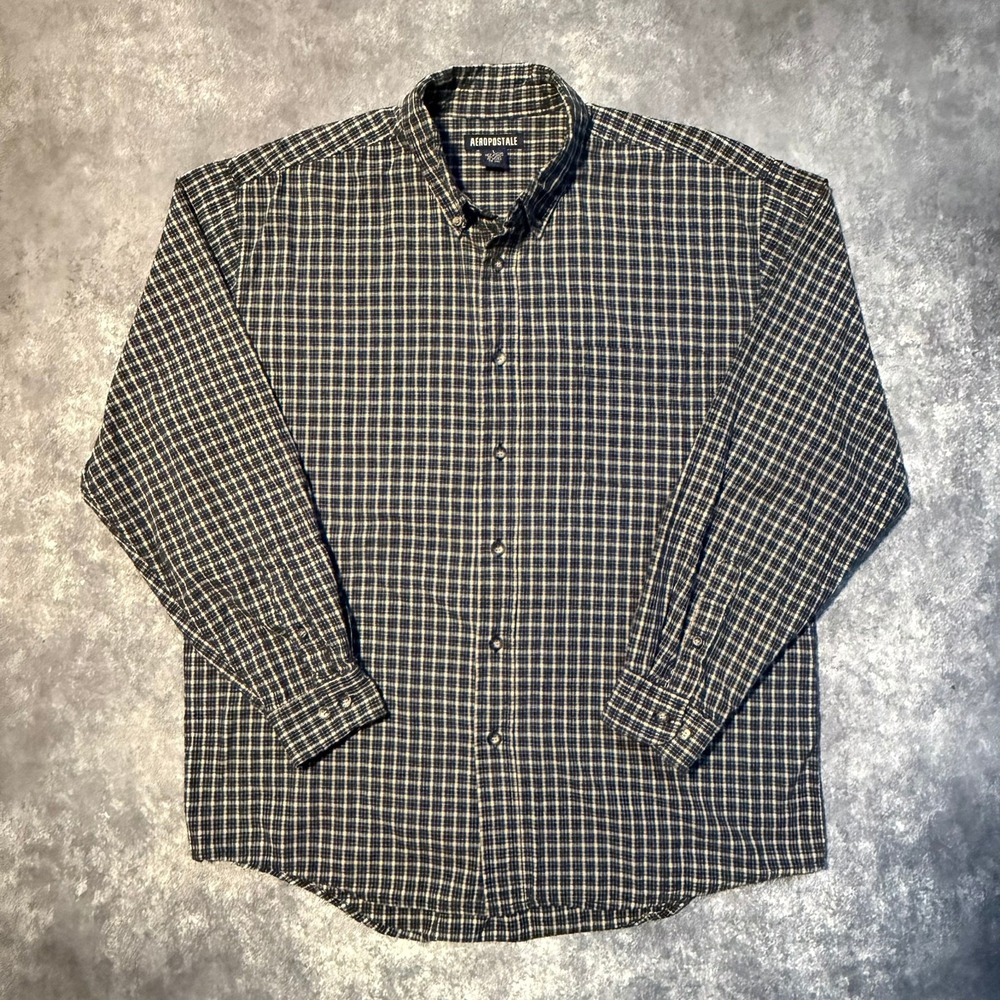 Y2K Aeropostale Mens‎ L Plaid Button Down Shirt Blue Yellow Long Sleeve Cotton